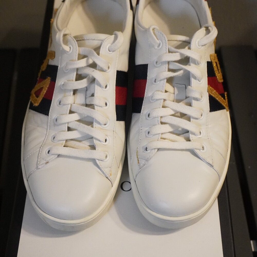 Size 10 Gucci Ace “LOVED” Web Stripe Leather Sneakers (White/Gold) – Used - Picture 2 of 6